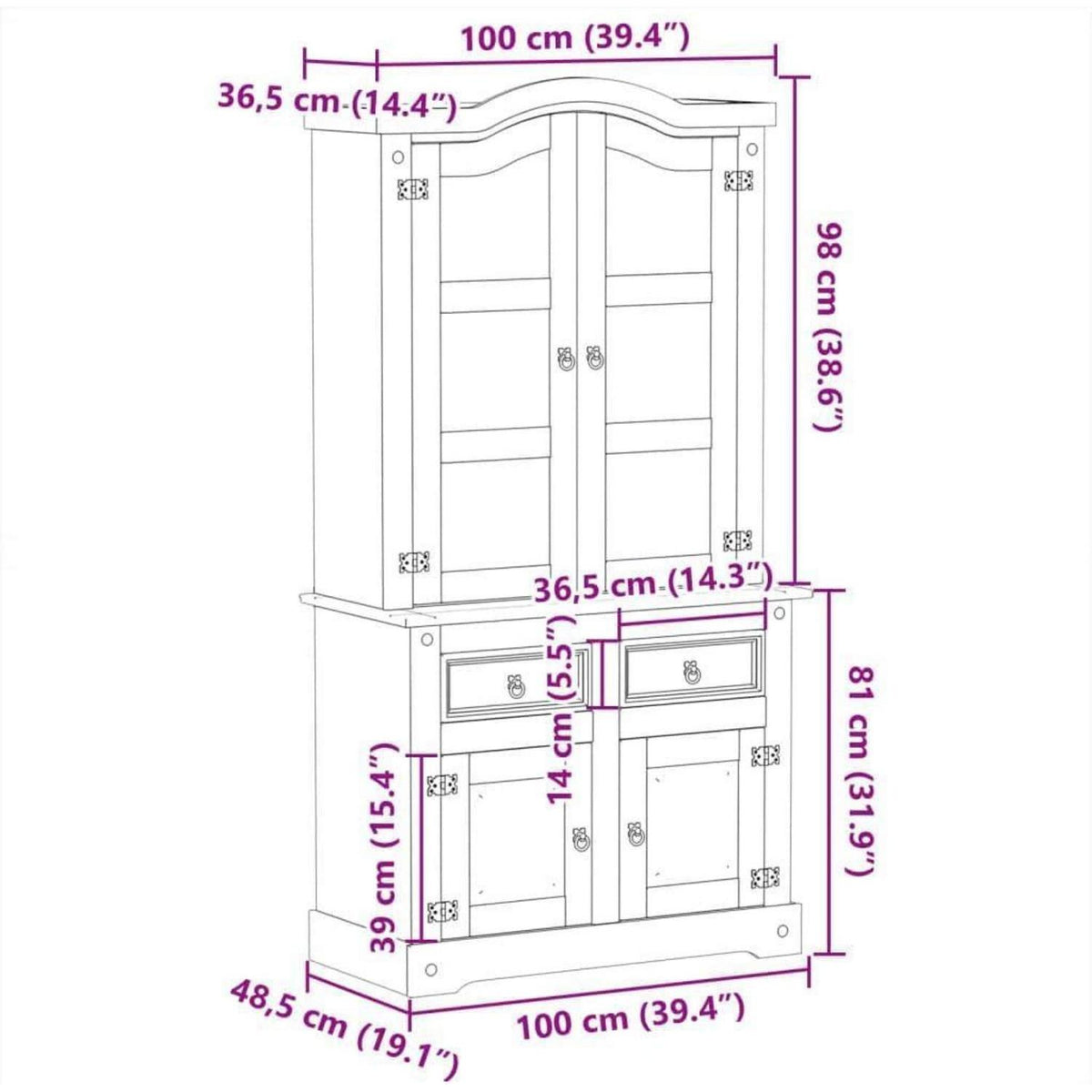 Massivholz Vitrine Kiefer 100x48,5x179 cm mit Glastüren
