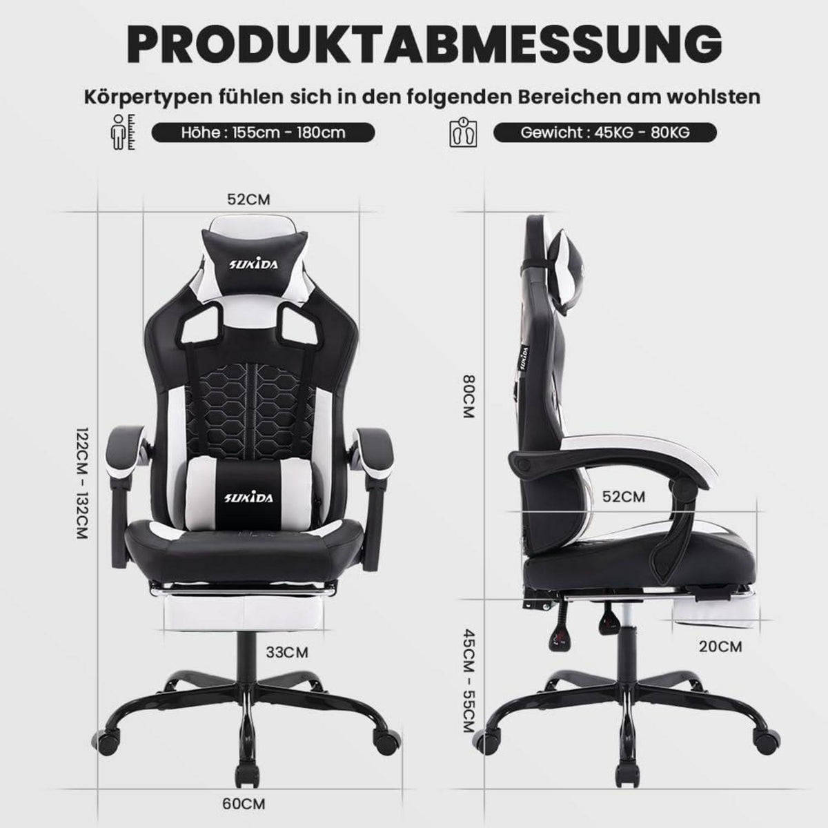 SUKIDA Gaming Stuhl Racing Chair mit Fußstütze Schwarz