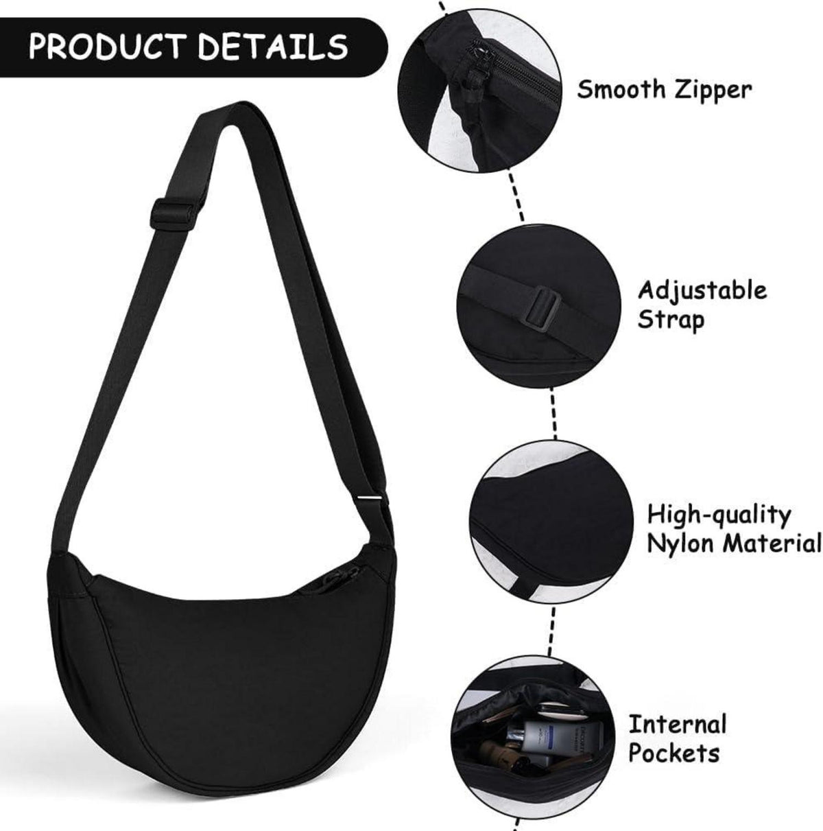 Aucuu Damen Halbmond Crossbody Schultertasche Nylon Reißverschluss-China