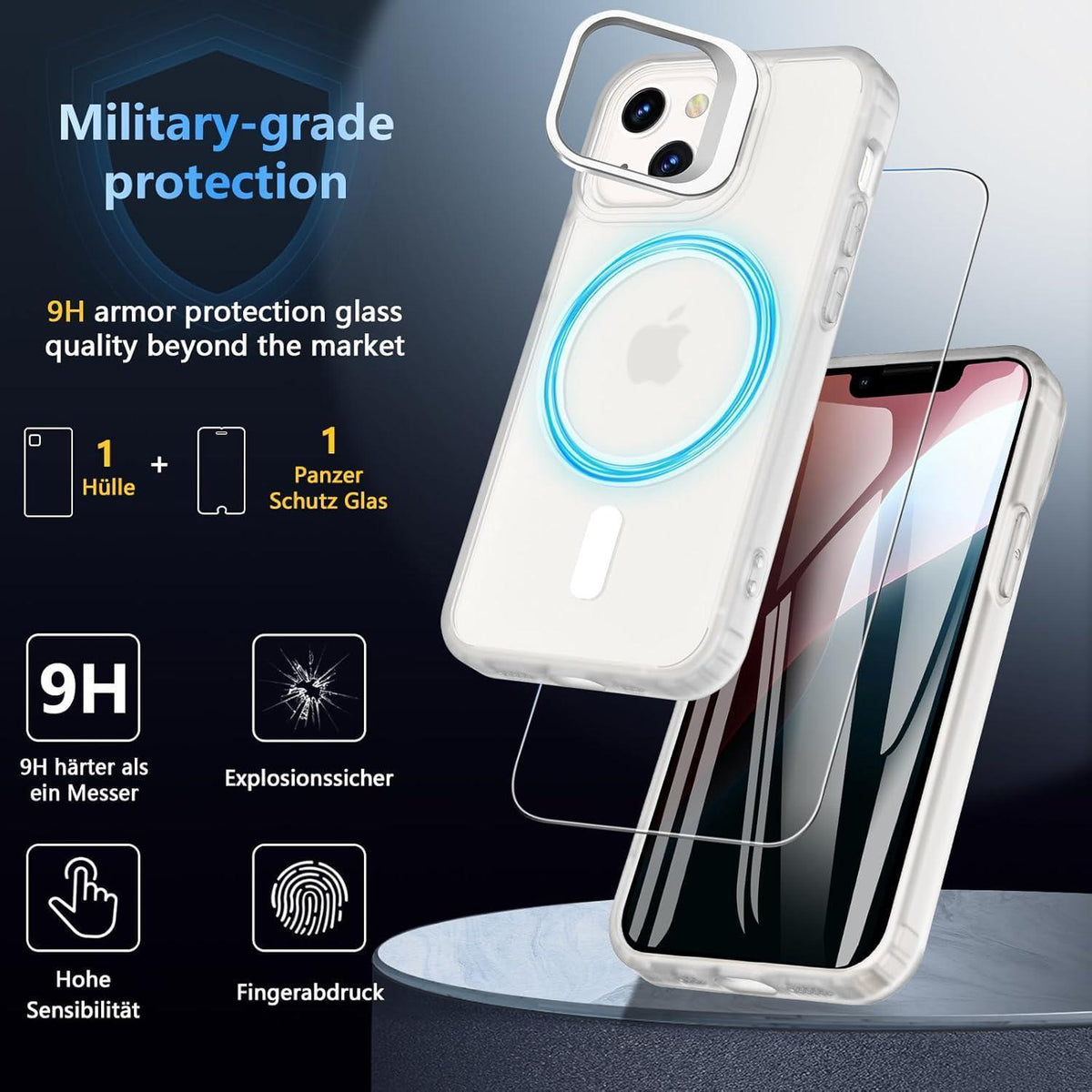 iPhone 13/12 Mini Hülle mit Ständer, MagSafe, Panzerglas, matt durchscheinend