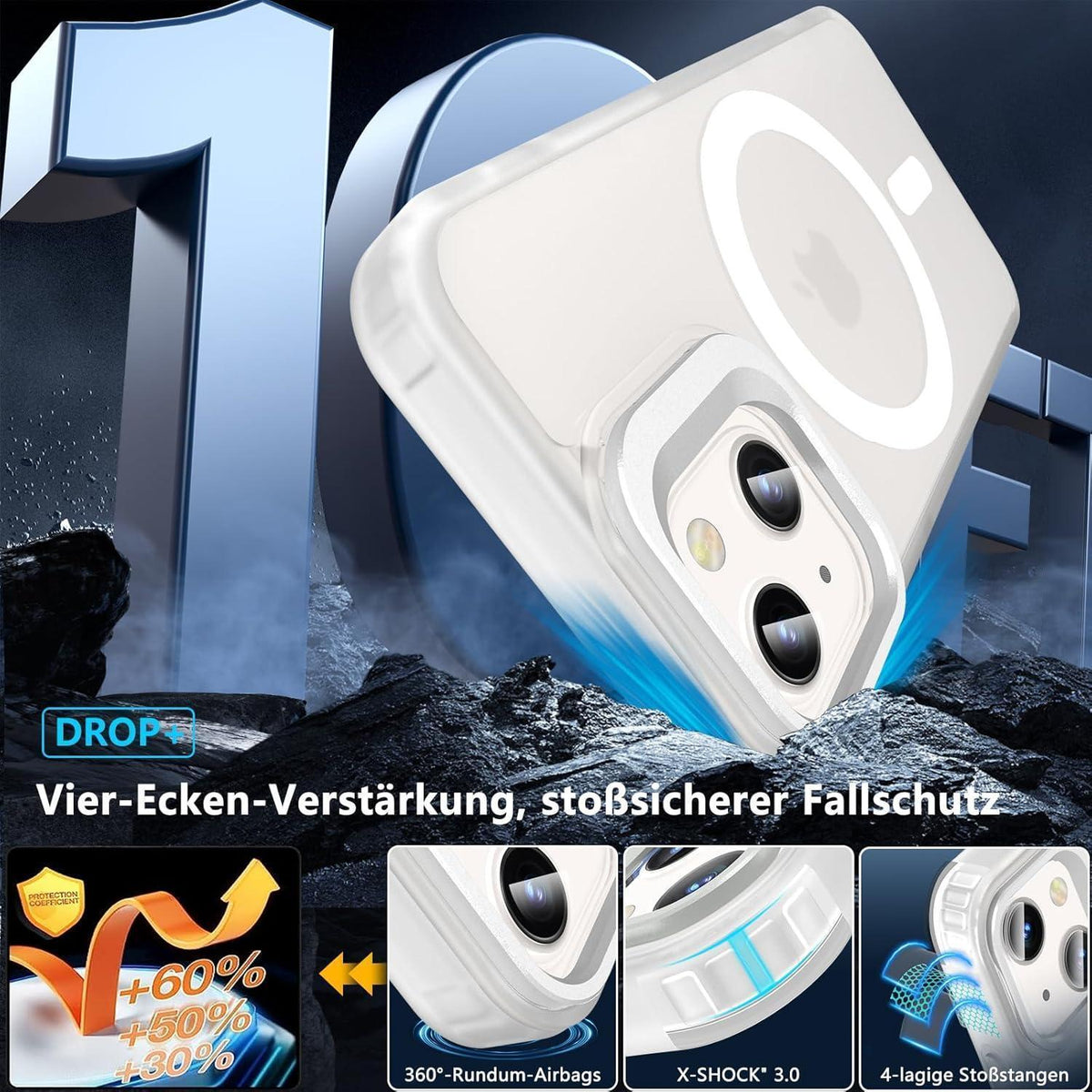 iPhone 13/12 Mini Hülle mit Ständer, MagSafe, Panzerglas, matt durchscheinend