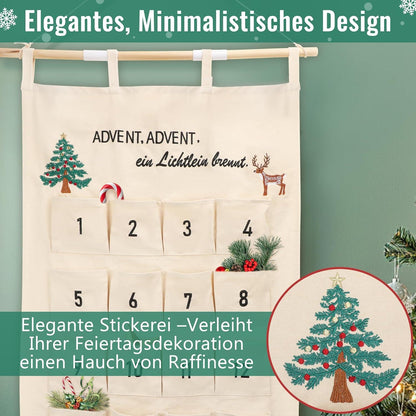 Stoff-Adventskalender mit gesticktem Adventsreim und 24 großen Taschen