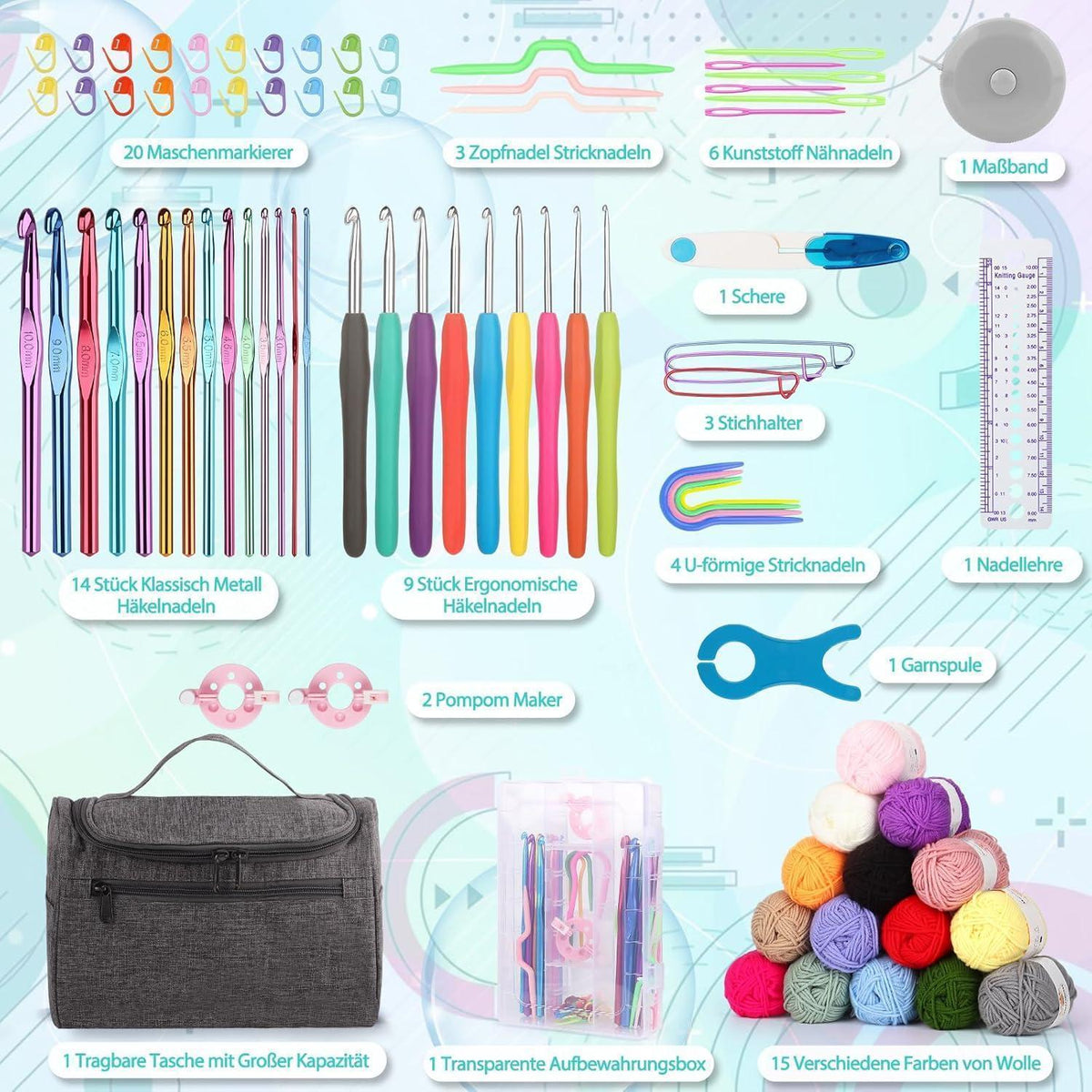 Häkelset für Anfänger mit Wolle und Zubehör, tragbar