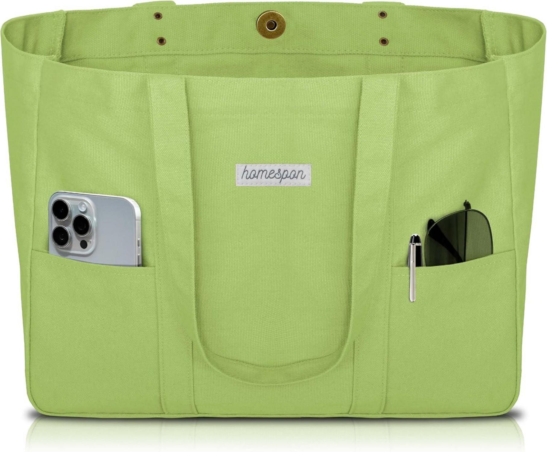 Canvas Tote Bag Damen Handtasche mit Laptop Fach Apfelgrün