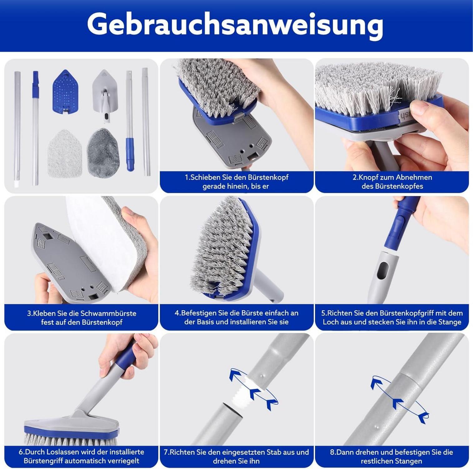 3-in-1 Schrubber mit Langem Griff und Austauschbaren Bürstenköpfen