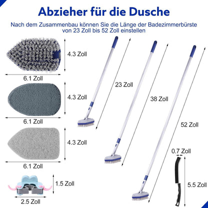 3-in-1 Schrubber mit Stiel 142cm Verstellbar Lang Griff & 3 Bürstenköpfen