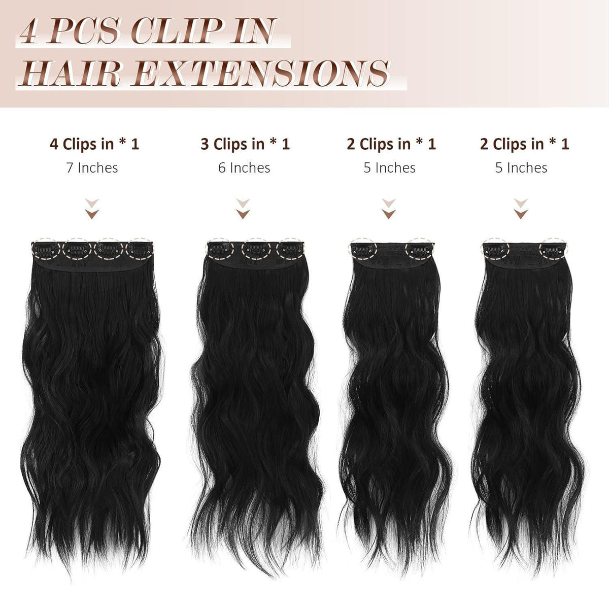 Schwarz gewellte Haarverlängerung mit Clips – 50cm Synthetik