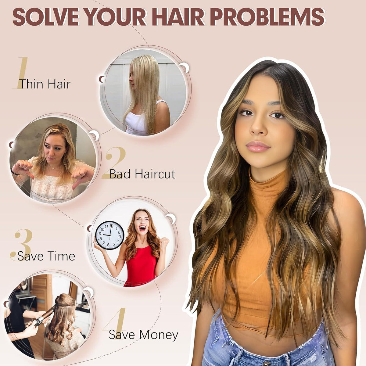 Schwarz gewellte Haarverlängerung mit Clips – 50cm Synthetik