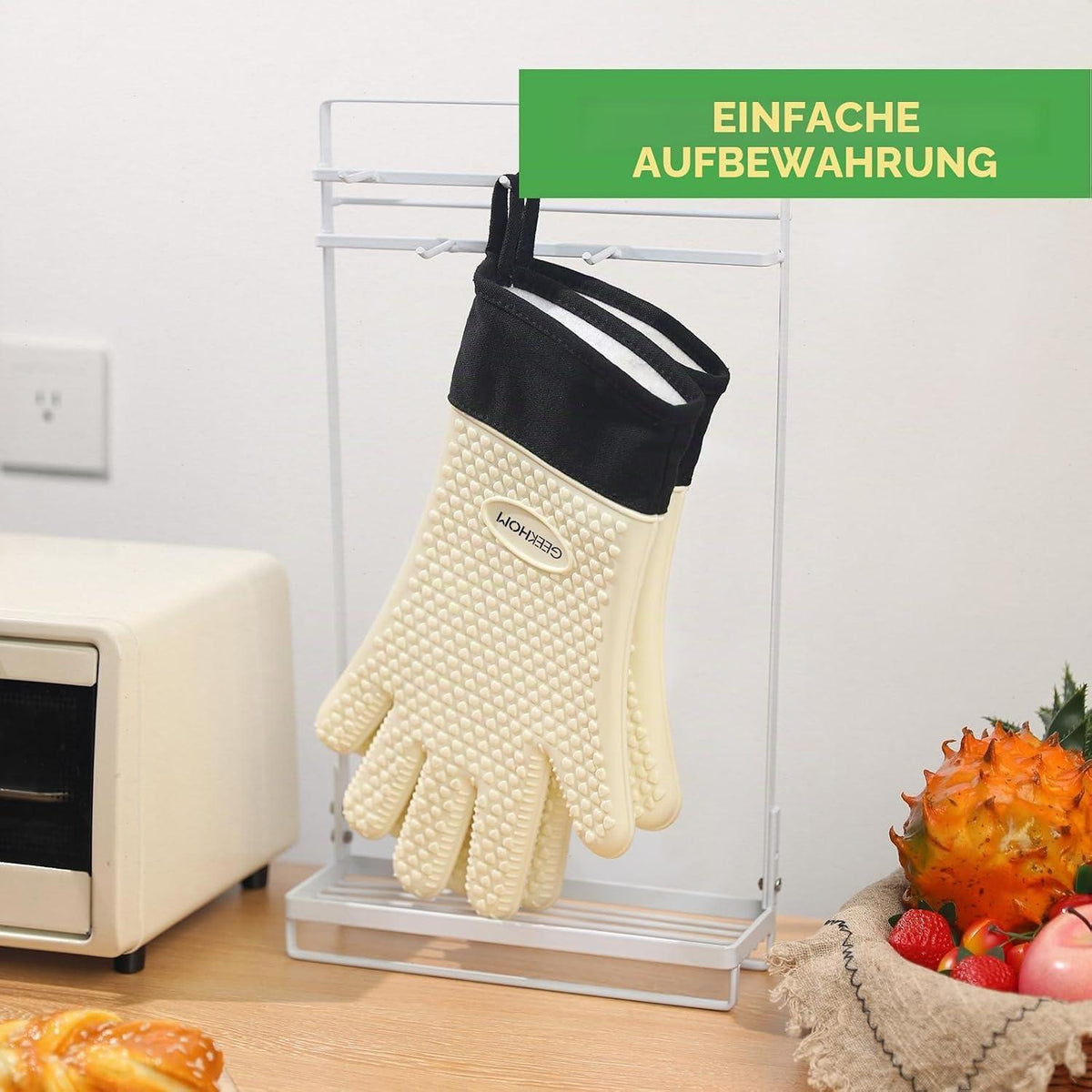Hitzebeständige Silikon Grillhandschuhe mit Finger – Beige