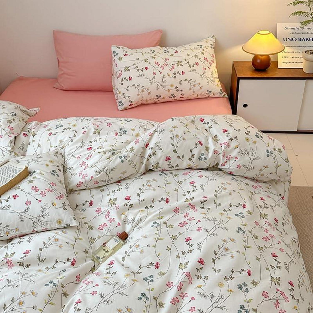 Baumwoll Bettwäsche Set Blumen Beige Rosa 155x220 cm