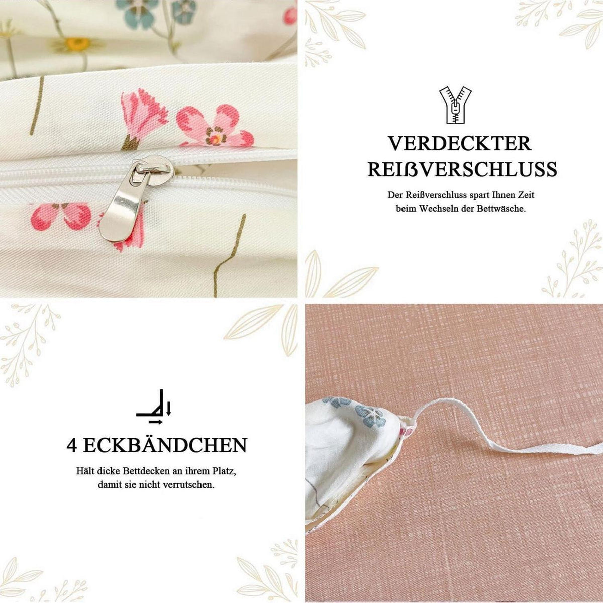 Baumwoll Bettwäsche Set Blumen Beige Rosa 155x220 cm