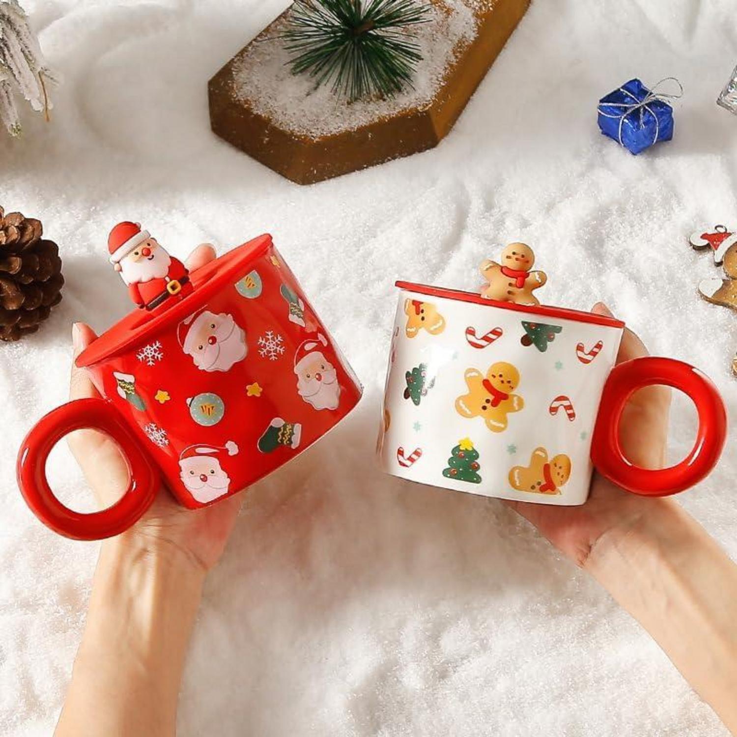 Weihnachtstasse Keramik Kaffeetasse Weihnachtsbecher Deckel 420ML