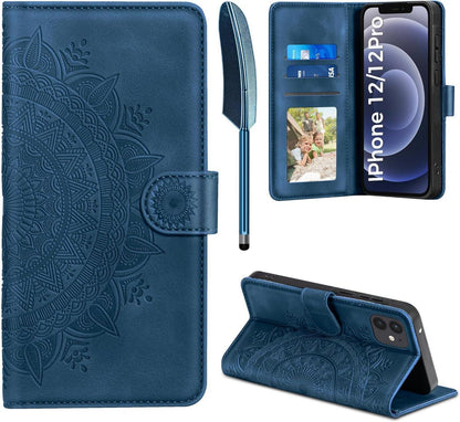 Handyhülle iPhone 12 Pro Leder Flipcase PU Tasche Dunkelblau