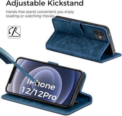 Handyhülle iPhone 12 Pro Leder Flipcase PU Tasche Dunkelblau
