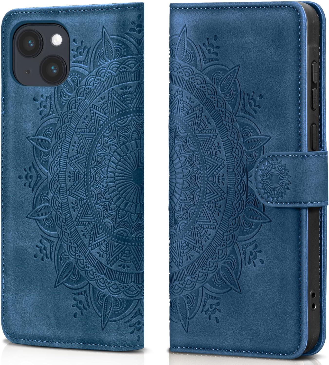 EASDNB Lederhülle für iPhone 14 Flip Wallet Case Dunkelblau 6.1 Zoll