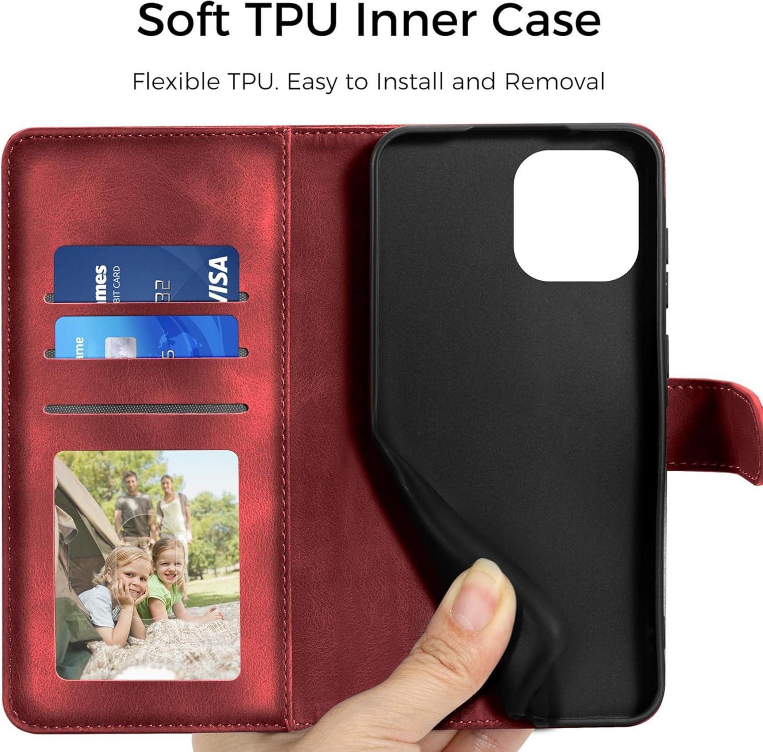 Lederhülle iPhone 15 Handyhülle Wallet Case Rot 6.1 Zoll Magnet Stand