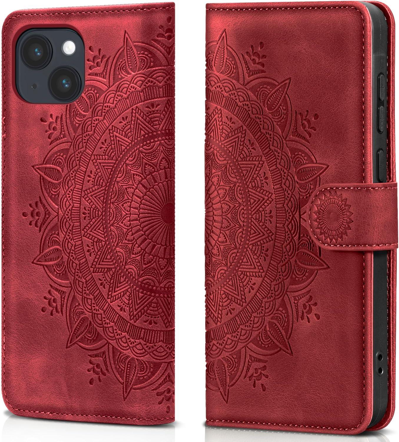 EASDNB iPhone 15 Lederhülle Wallet Case mit Standfunktion und Prägung, Rot 6.1 Zoll