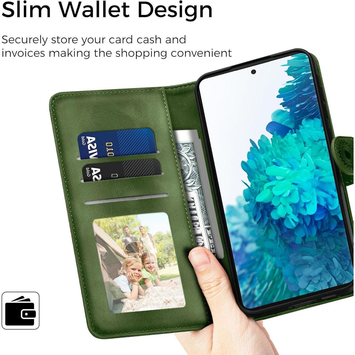 Samsung Galaxy S20 FE Klapphülle Grün mit Kartenfach & Ständer in Lederoptik