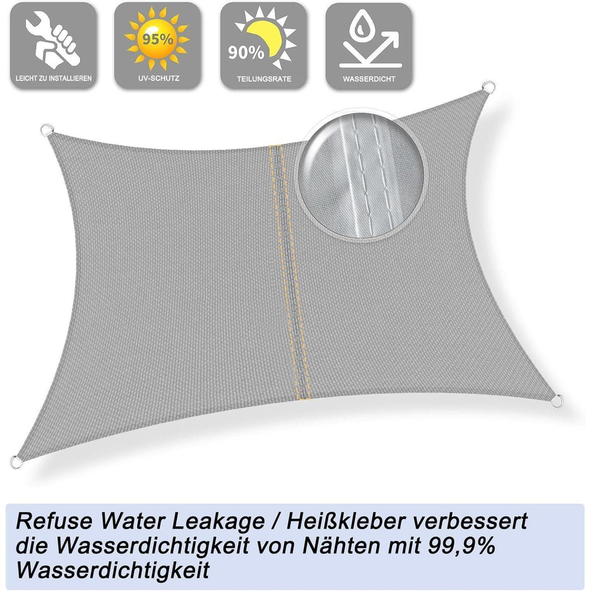 Wasserdichtes Sonnensegel Grau 5x6m mit 95% UV-Schutz