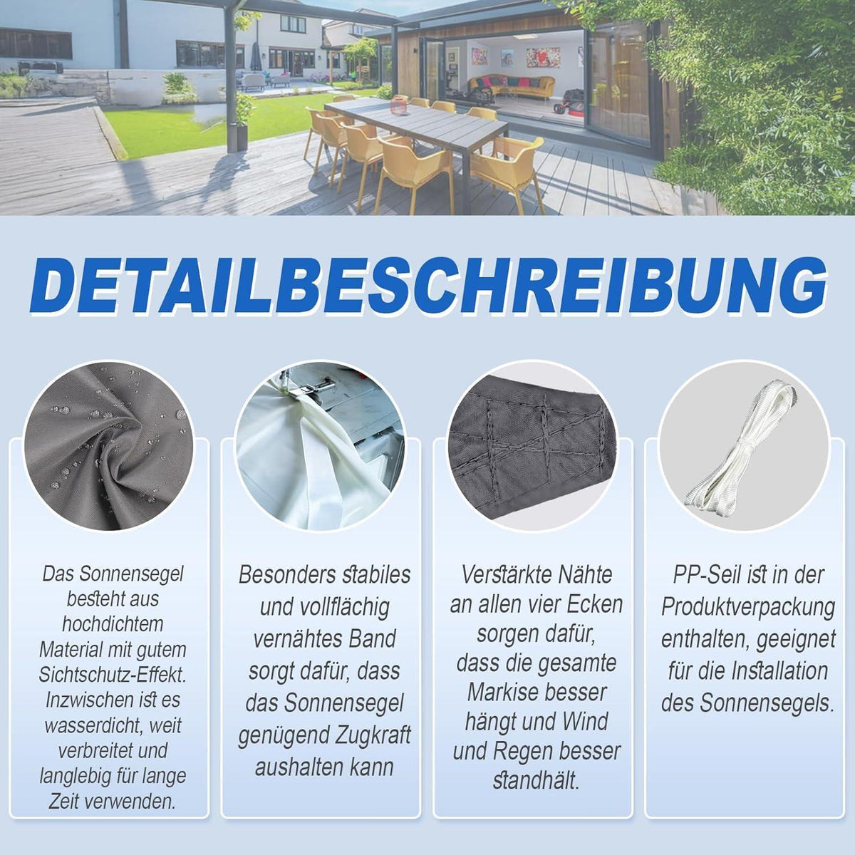 Wasserdichtes Sonnensegel Anthrazit 4x4m UV-Schutz 95%