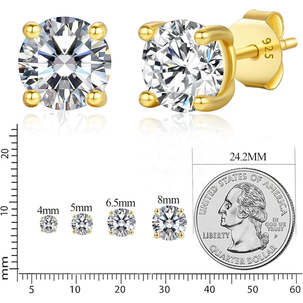 Moissanit Ohrstecker Silber 925, 14K Gold Plattiert, 1 Karat