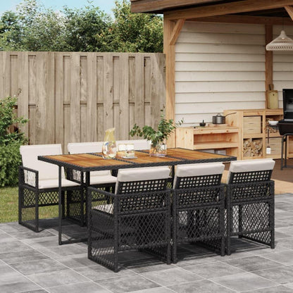 Garten Essgruppe 7-TLG. Poly Rattan mit Kissen, Schwarz/Creme