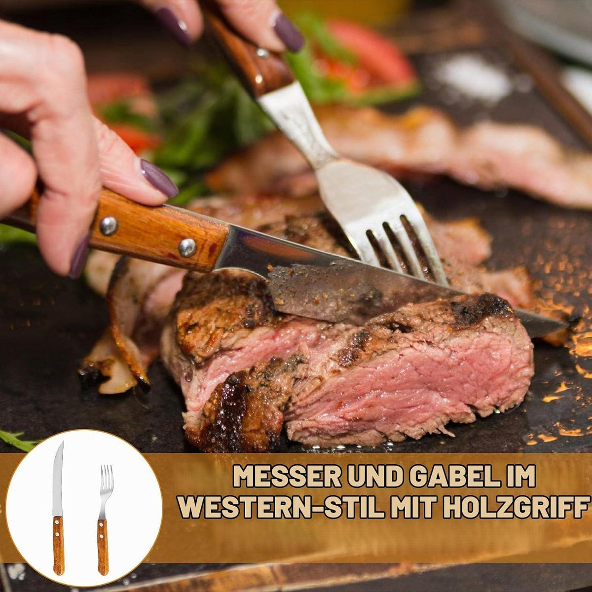 30-teiliges Steakbesteck-Set | 15 Messer & 15 Gabeln | Edelstahl mit Holzgriff