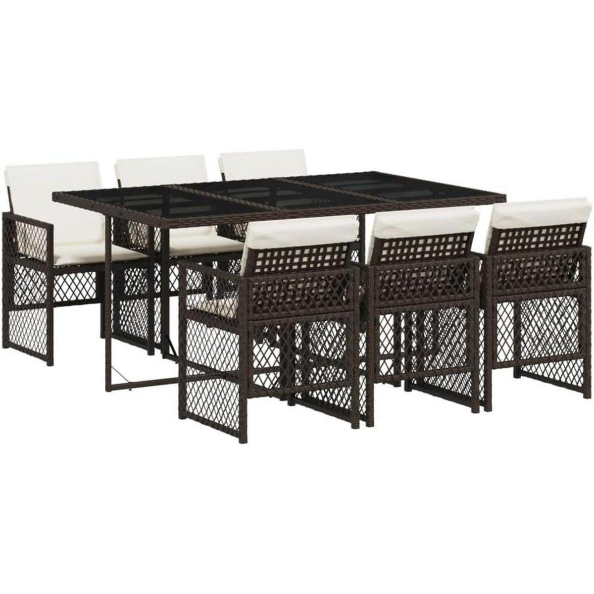 Garten Essgruppe 7-teilig mit Kissen, Poly Rattan Tisch & 6 Stühle