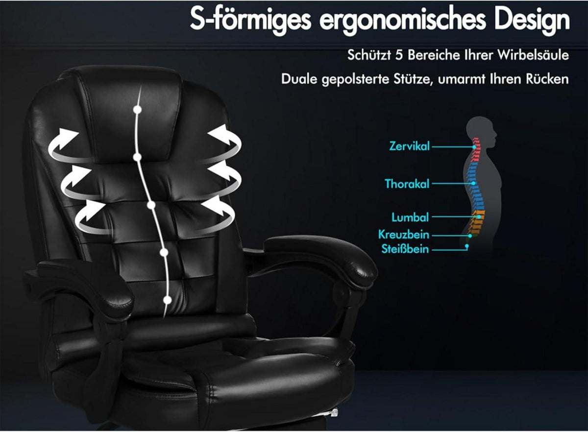 Ergonomischer Massage-Bürostuhl Fußstütze 150° Neigung Samt Schwarz