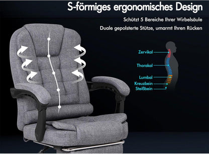 Ergonomischer Massage-Bürostuhl mit Fußstütze & 150° Neigung in Grau
