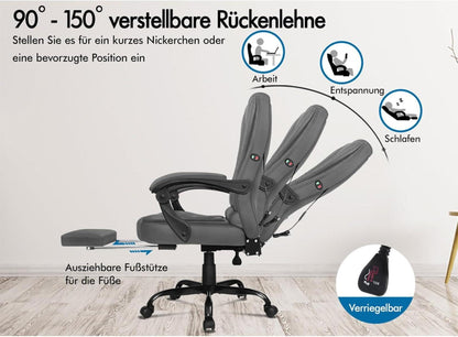 Massage-Bürostuhl mit Fußstütze, 150°-Neigung, Samt-Chefsessel