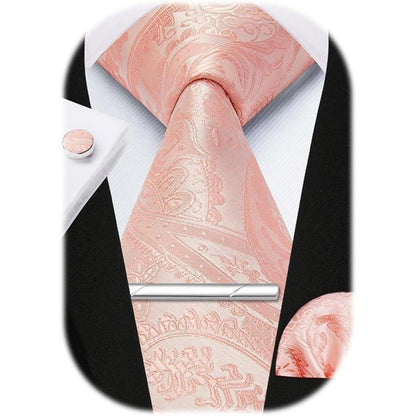Herren Krawatten Set mit Einstecktuch, Krawattenklammer & Manschettenknöpfen, Hellrosa