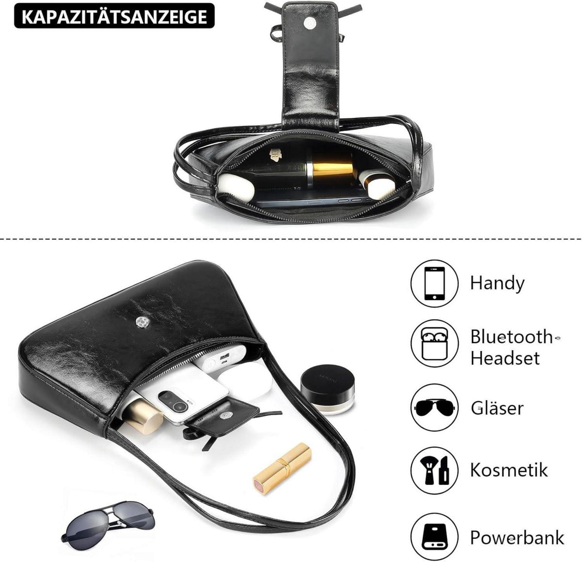 Kleine Damen Handtasche Schwarz PU-Leder Umhängetasche Kleine Half