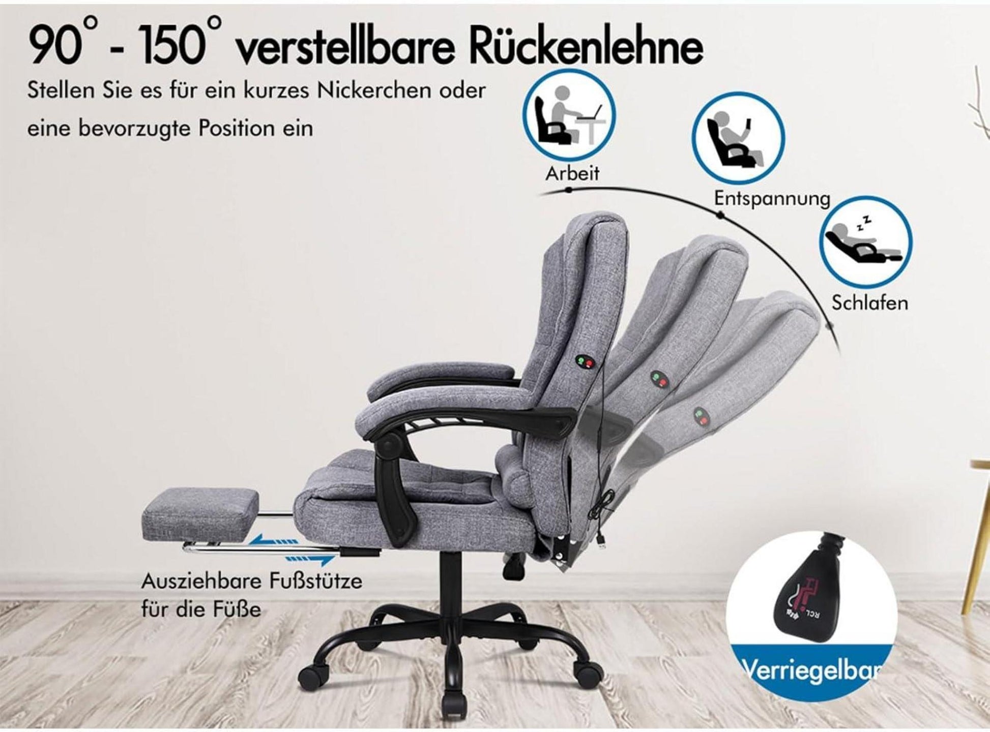 Bürostuhl mit Lordosenstütze, Höhenverstellbar, 360° Drehfunktion, Gray