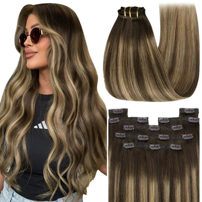 Clip-in Echthaar Extensions Ombre Braun Blond 55cm