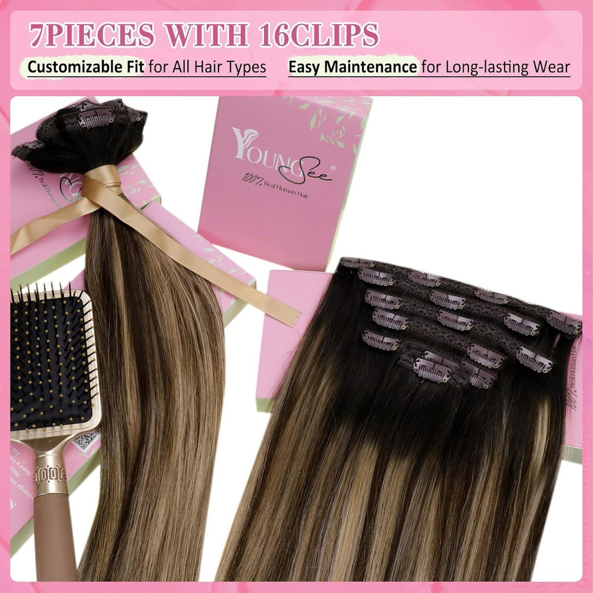 Clip-in Echthaar Extensions Ombre Schwarz Braun Blond 50cm