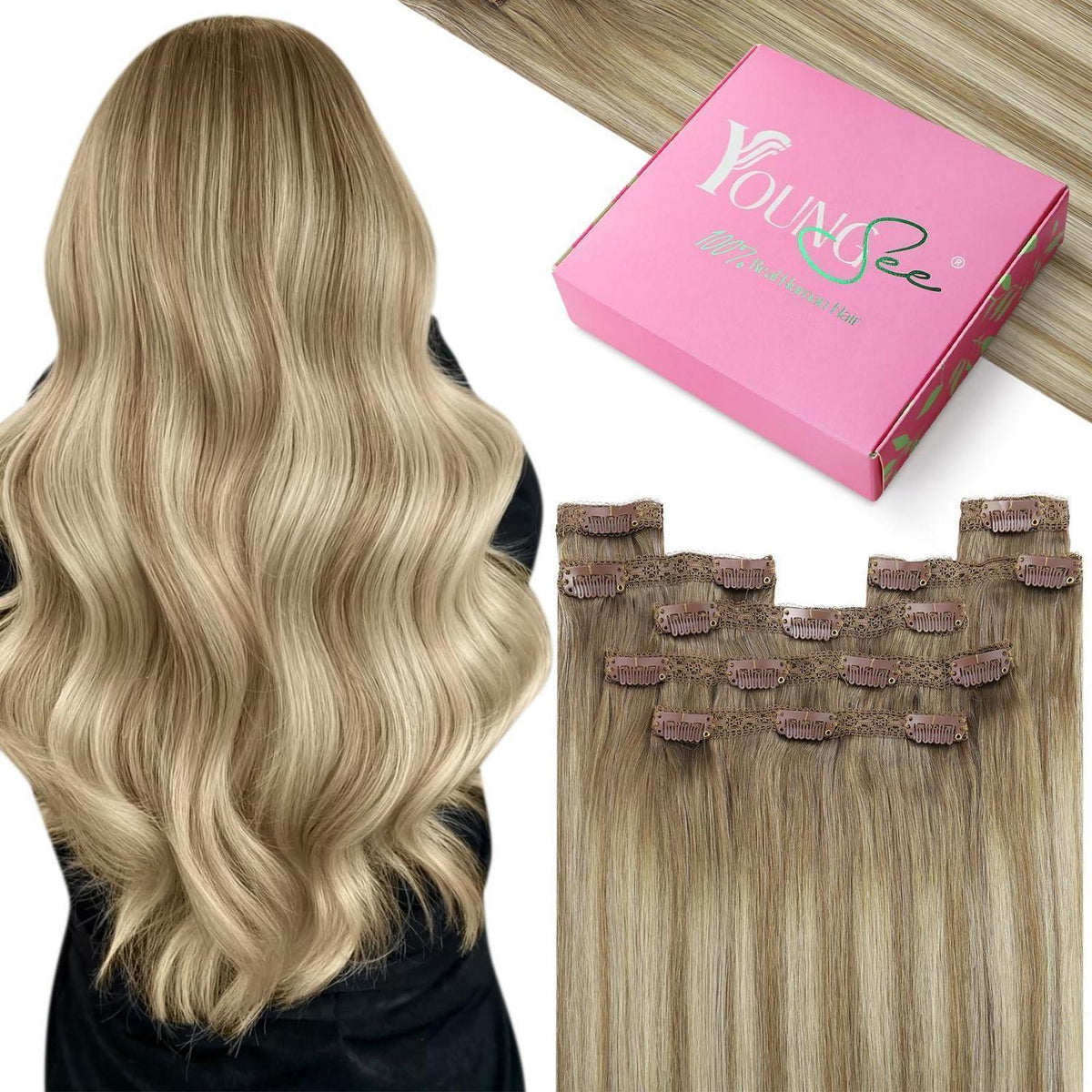 Clip-in Echthaar Extensions Ombre Hellbraun-Blond 45cm