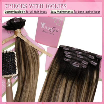 Clip-in Echthaar Extensions Schwarz Braun Blond 55cm