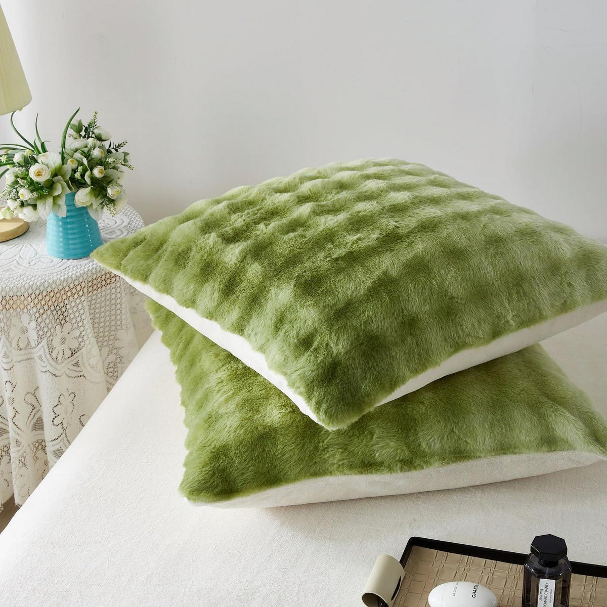 Langhaar Plüsch Bettwäsche Set 200x220 Grün, Superweich & Warm