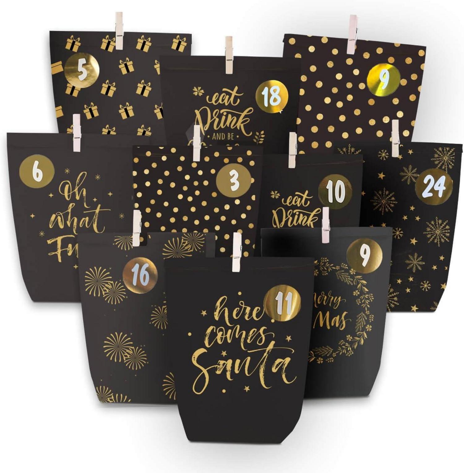 Adventskalender Tüten zum Befüllen Schwarzgold 24 bedruckte