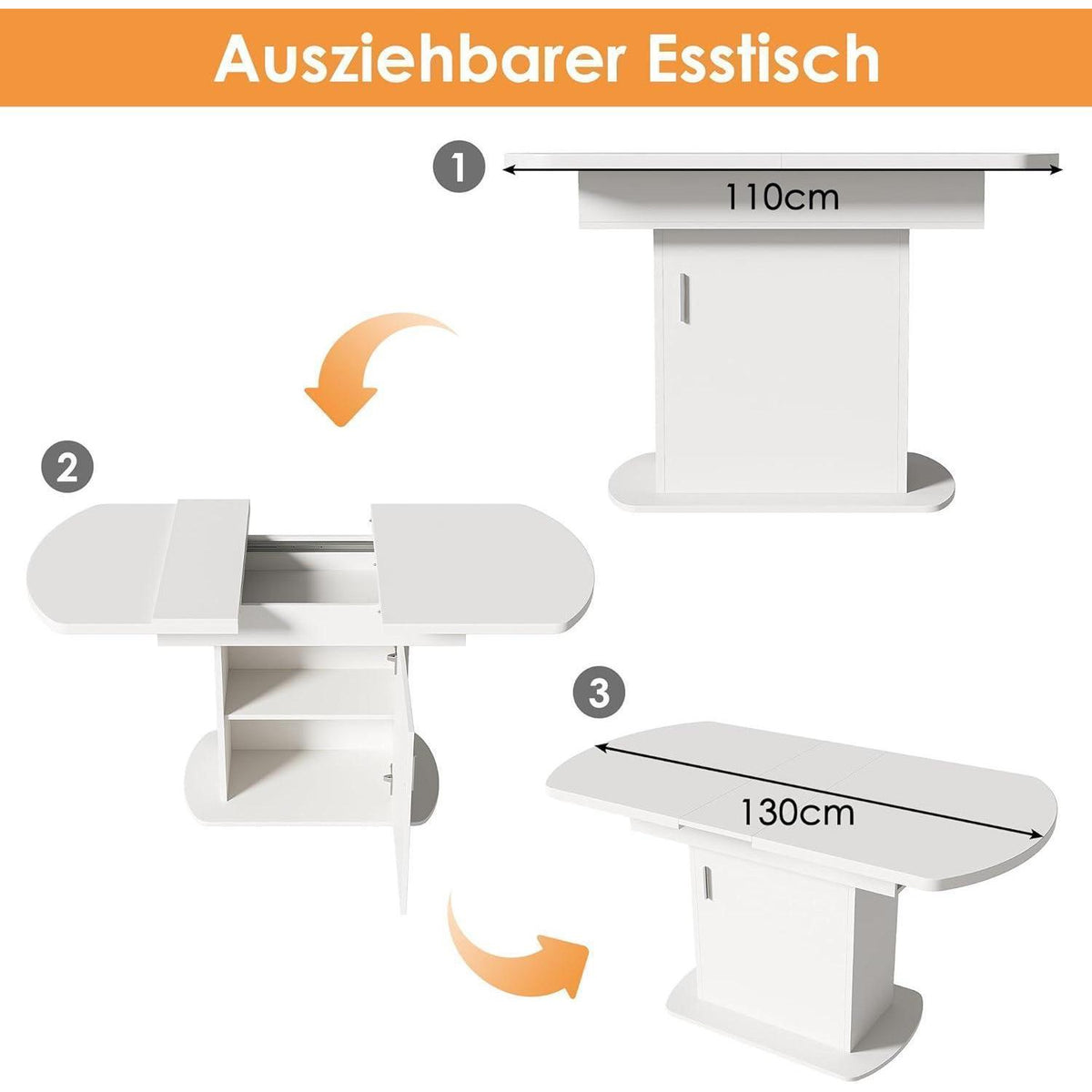 Ausziehbarer Esstisch mit Stauraum – Weiß & Silberner Griff