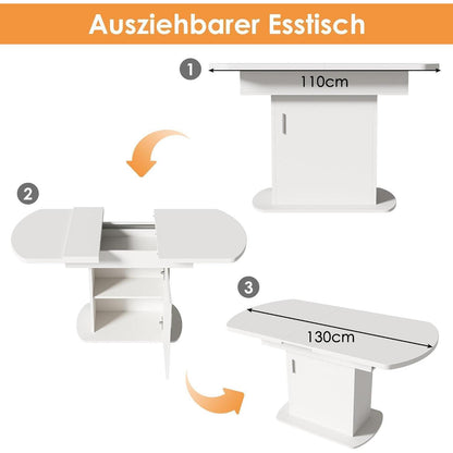 Ausziehbarer Esstisch mit Stauraum – Weiß & Silberner Griff