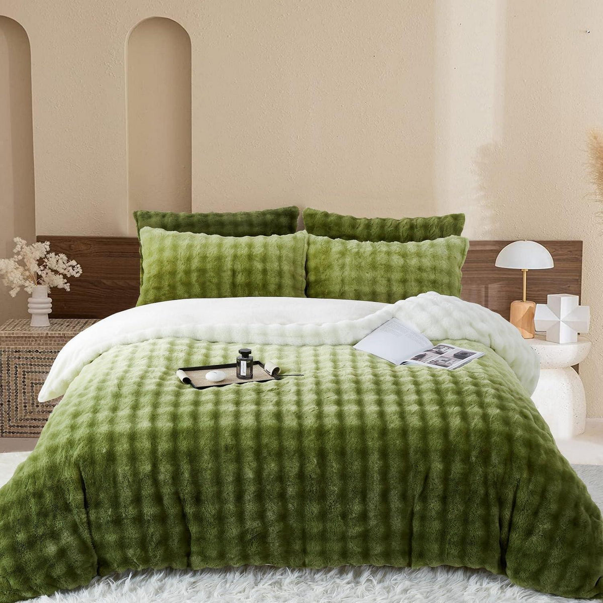 Plüsch Bettwäsche Set 220x240 Grün - Winterwarm & Kuschelig
