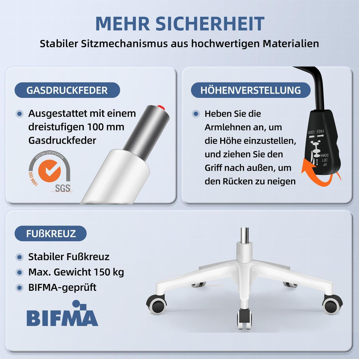 Ergonomischer Bürostuhl mit Armlehnen, Lendenstütze, Wippfunktion, Grau