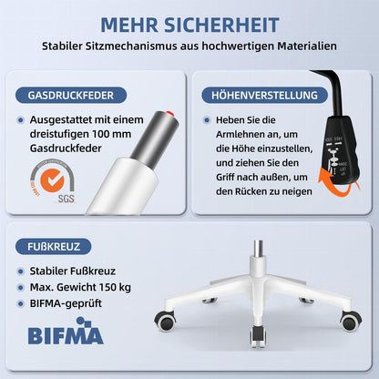 Ergonomischer Bürostuhl mit Armlehnen, Lendenstütze, Wippfunktion, Grau