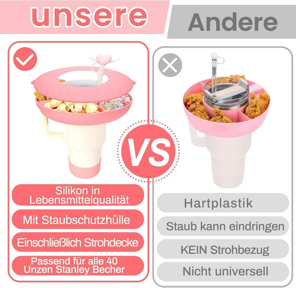 Silikon Snackschale mit 5 Stück Zubehör für Stanley Cup 40oz Tumbler