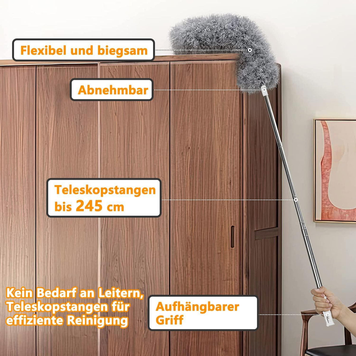 Teleskop Staubwedel, Ausziehbar bis 2,45m, Biegbar, Grau 5
