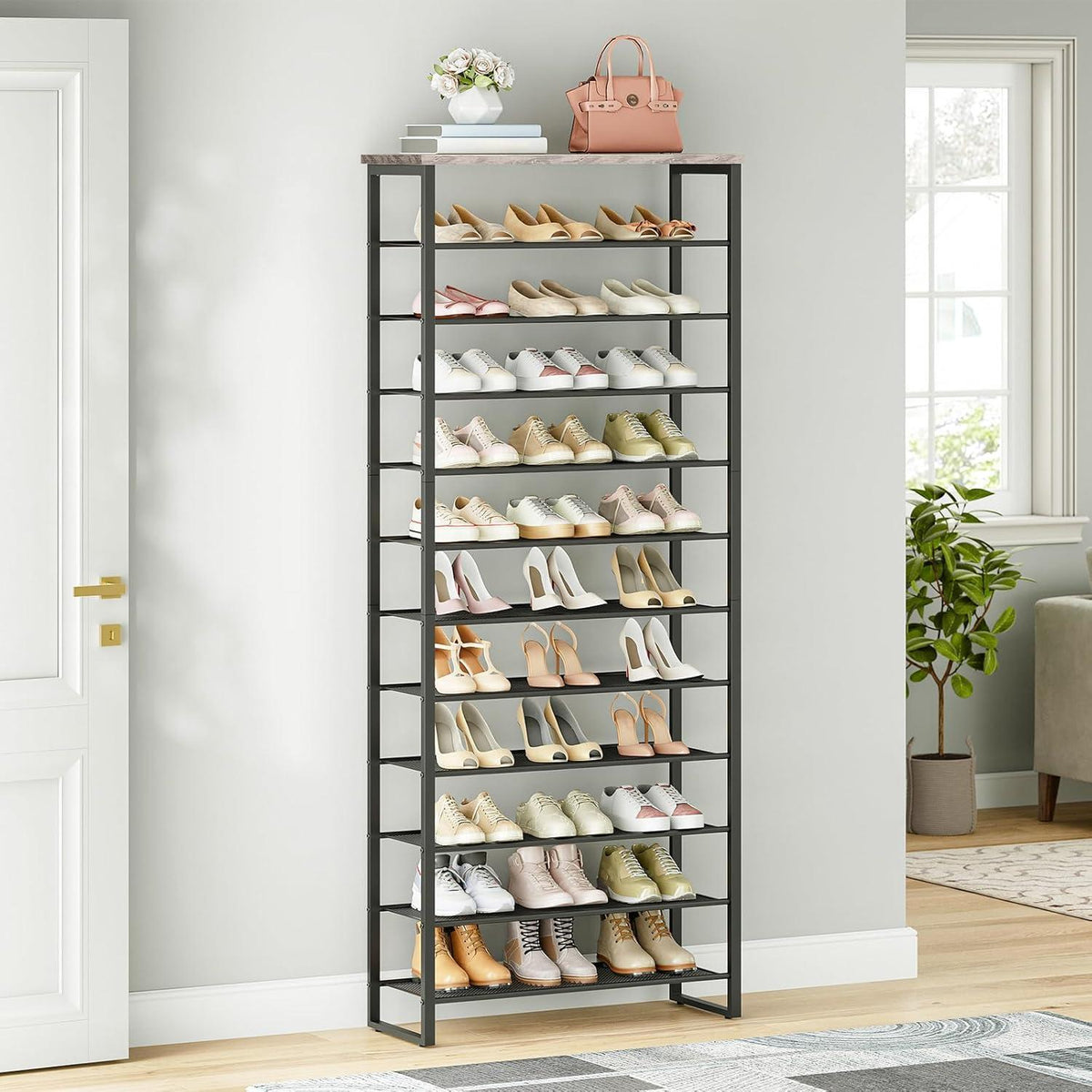 12-stöckiges Schuhregal, Greige-Schwarz, Industriestil
