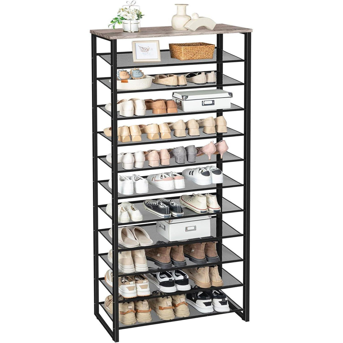 12-stöckiges Schuhregal, Greige-Schwarz, Industriestil