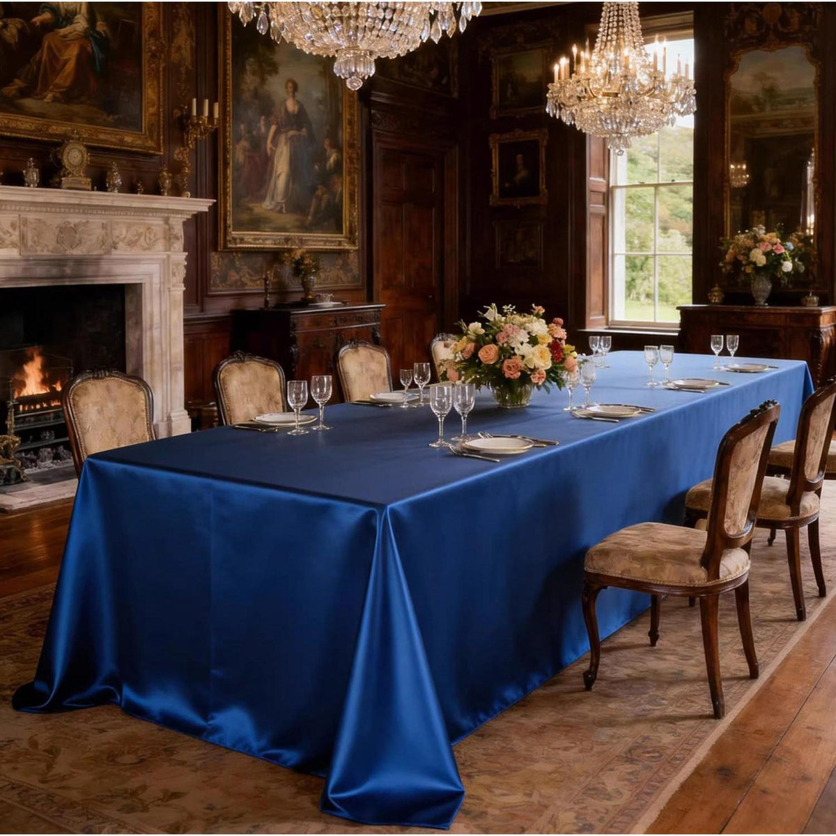 Runde Satin Tischdecke Blau – 300 cm Durchmesser